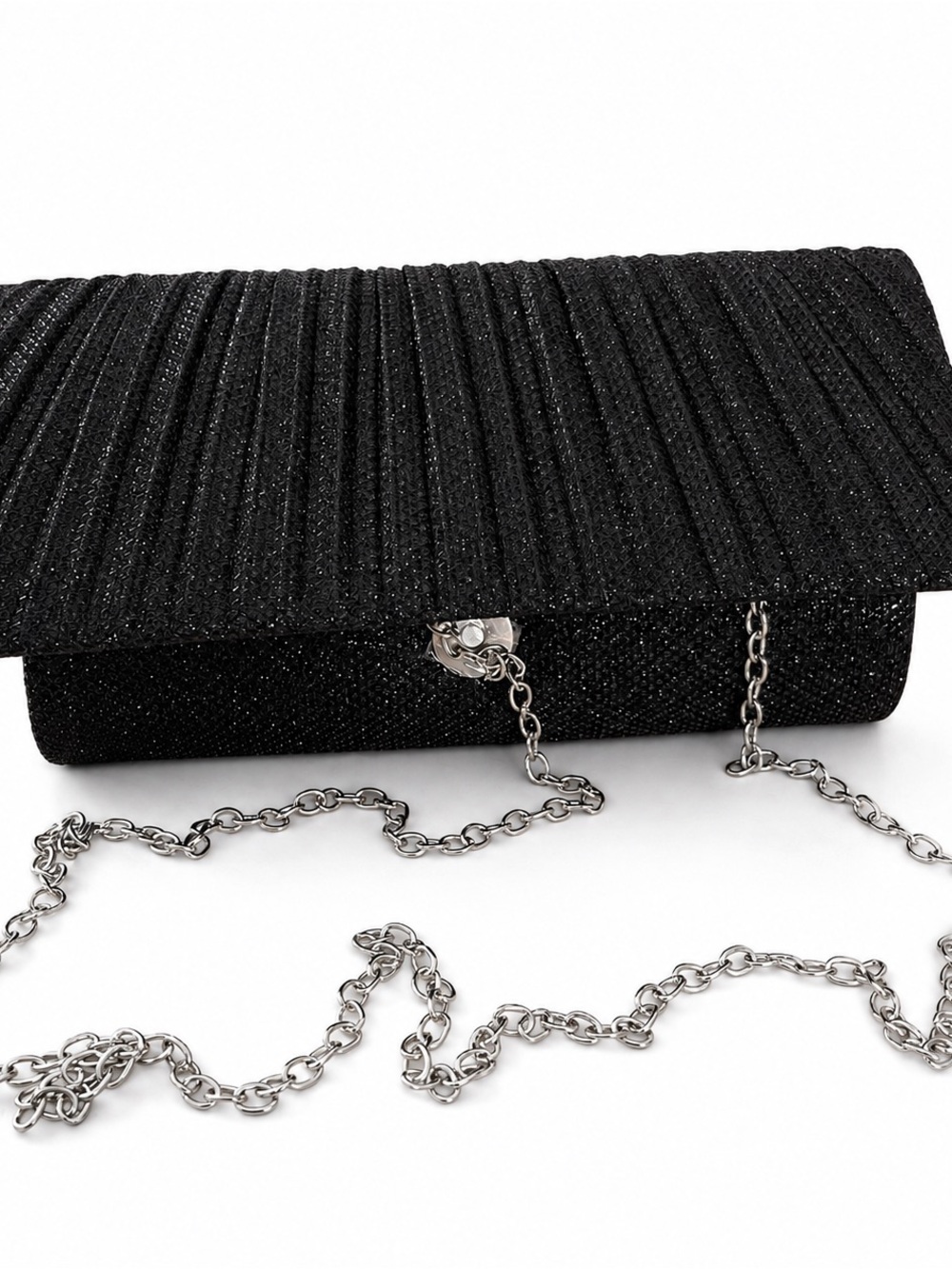 Black Glitter Pleated Evening Clutch with Chain Strap